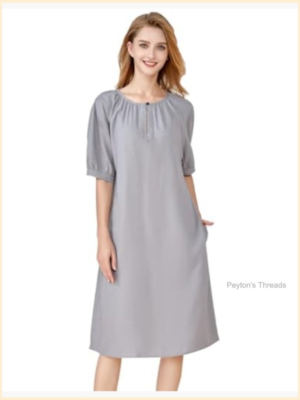 Cotton Linen Short Sleeve Midi Tunic Dress with Pockets - Picture 2 of 5